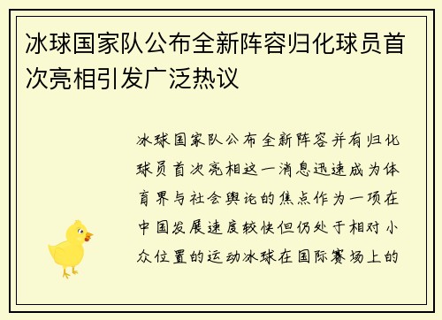冰球国家队公布全新阵容归化球员首次亮相引发广泛热议